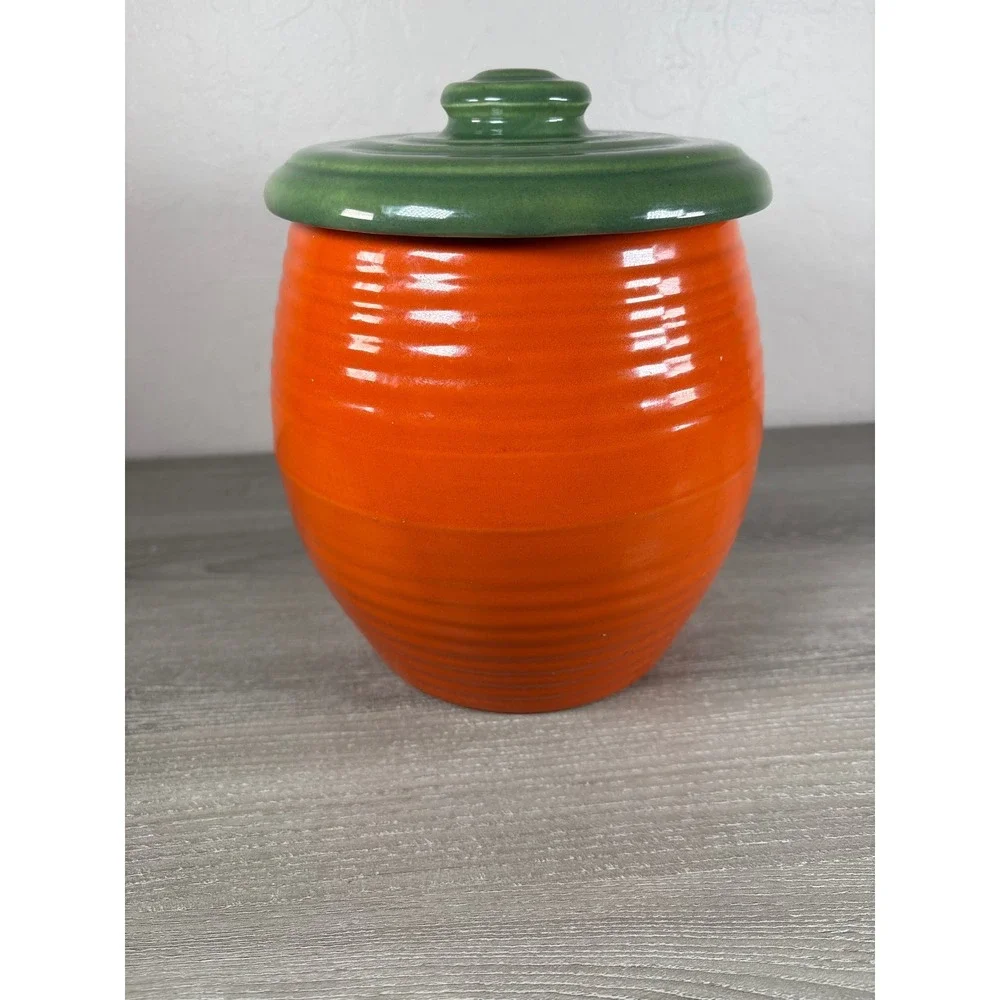 Bauer Pottery Los Angeles Orange Green‎ Ringware Ceramic Cookie Jar Canister Lid